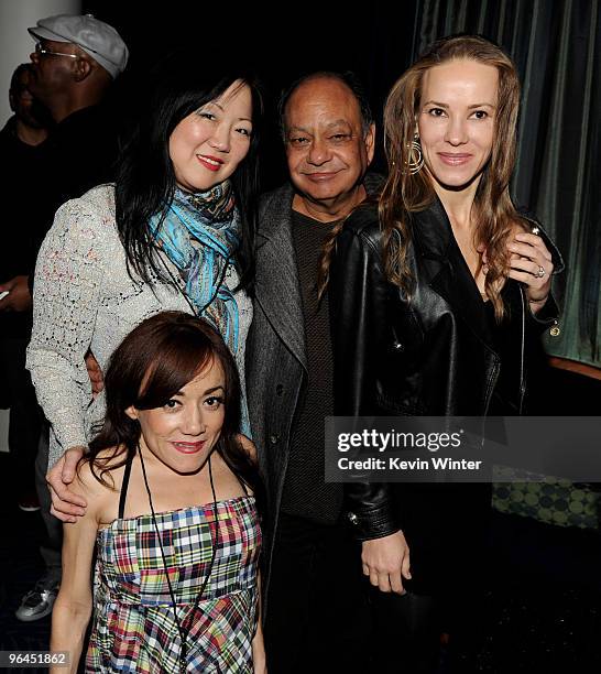 Actors Selene Luna, Margaret Cho, Cheech Marin and his wife Natasha Marin pose backstage at Help Haiti with George Lopez & Friends at L.A. Live's...