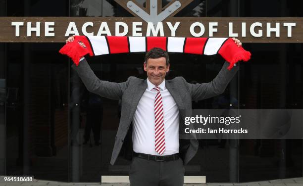 New Sunderland manager Jack Ross poses for pictures after his press conference at the Academy of Light during his first day at work on May 31, 2018...