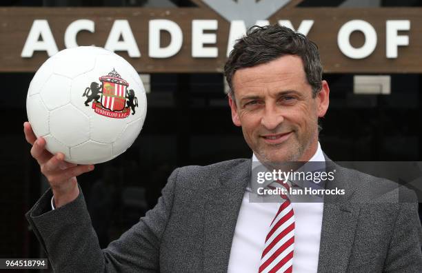 New Sunderland manager Jack Ross poses for pictures after his press conference at the Academy of Light during his first day at work on May 31, 2018...