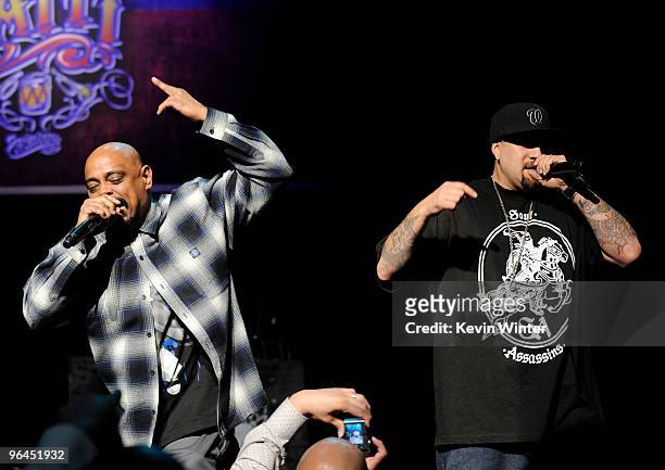 Rappers B-Real and Sen Dog of Cypress Hill perform onstage at Help Haiti with George Lopez & Friends at L.A. Live's Nokia Theater on February 4, 2010...