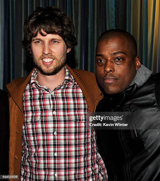 Actor Jon Heder and rapper Won G pose backstage at Help Haiti with George Lopez & Friends at L.A. Live's Nokia Theater on February 4, 2010 in Los...