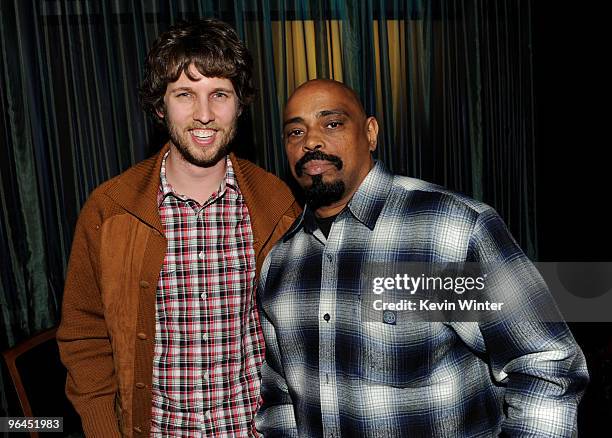 Actor Jon Heder and rapper Sen Dog pose backstage at Help Haiti with George Lopez & Friends at L.A. Live's Nokia Theater on February 4, 2010 in Los...