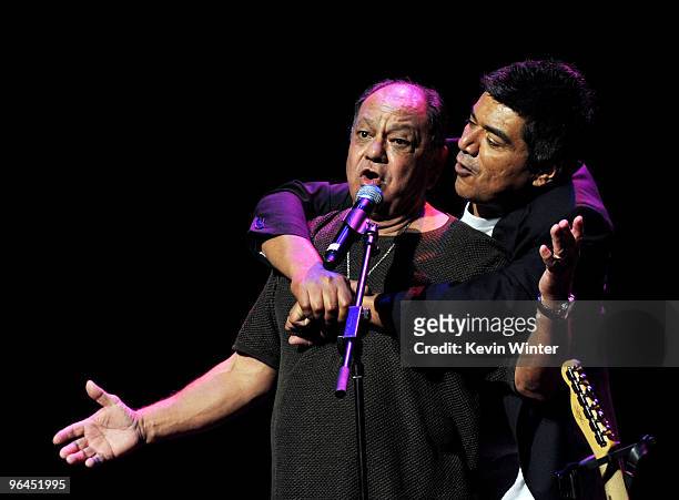 Actor/comedians Cheech Marin and George Lopez appear onstage at Help Haiti with George Lopez & Friends at L.A. Live's Nokia Theater on February 4,...