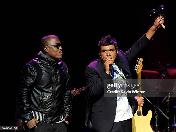 Rapper Won G and actor/comedian George Lopez appear onstage at Help Haiti with George Lopez & Friends at L.A. Live's Nokia Theater on February 4,...