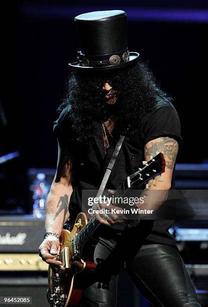 Musician Slash performs onstage at Help Haiti with George Lopez & Friends at L.A. Live's Nokia Theater on February 4, 2010 in Los Angeles, California.