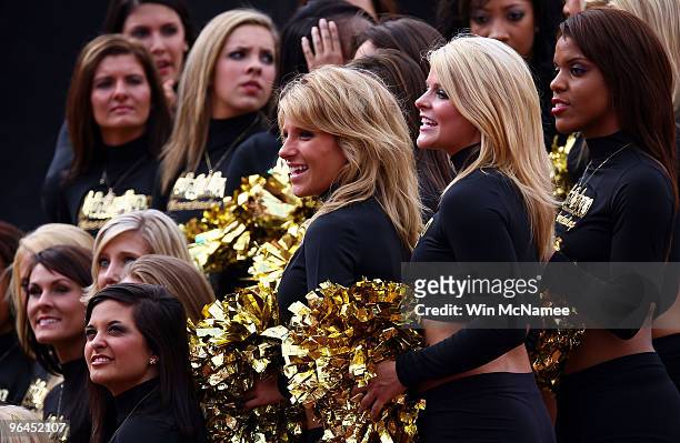 New Orleans Saints cheerleaders rehearse at Sun Life Stadium on February 5, 2010 in Miami, Florida. Super Bowl XLIV between the Colts and the New...