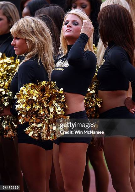 New Orleans Saints cheerleaders rehearse at Sun Life Stadium on February 5, 2010 in Miami, Florida. Super Bowl XLIV between the Indianapolis Colts...