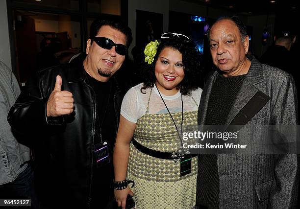 Musician Cesar Rosas, his daughter vickie and comedian Cheech Marin pose backstage at Help Haiti with George Lopez & Friends at L.A. Live's Nokia...