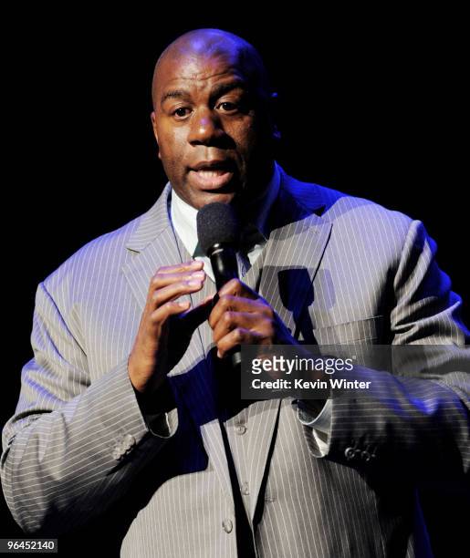 Former NBA player Earvin "Magic" Johnson appears onstage at Help Haiti with George Lopez & Friends at L.A. Live's Nokia Theater on February 4, 2010...