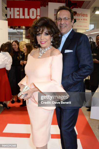 Dame Joan Collins and Percy Gibson attend Hello Magazine's 30th anniversary party at Dover Street Market on May 9, 2018 in London, England.