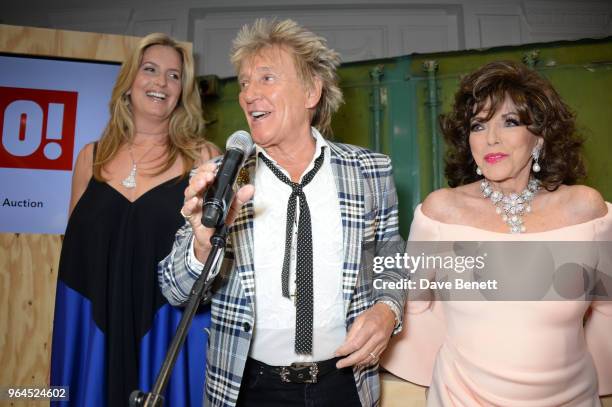 Penny Lancaster, Sir Rod Stewart and Dame Joan Collins attend Hello Magazine's 30th anniversary party at Dover Street Market on May 9, 2018 in...