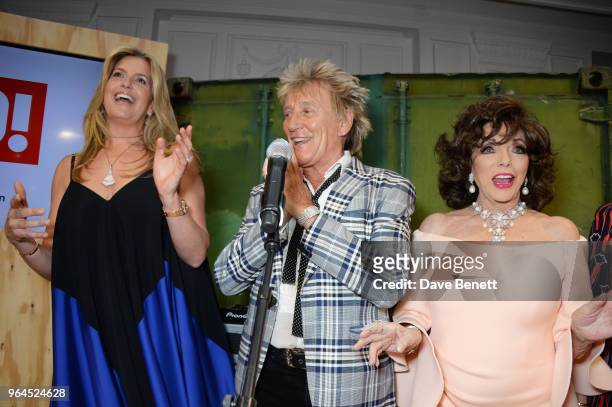 Penny Lancaster, Sir Rod Stewart and Dame Joan Collins attend Hello Magazine's 30th anniversary party at Dover Street Market on May 9, 2018 in...