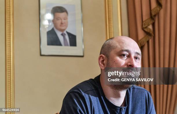 Anti-Kremlin journalist Arkady Babchenko addresses a press conference on May 31, 2018 in Kiev during which he dismissed criticism of cooperating with...