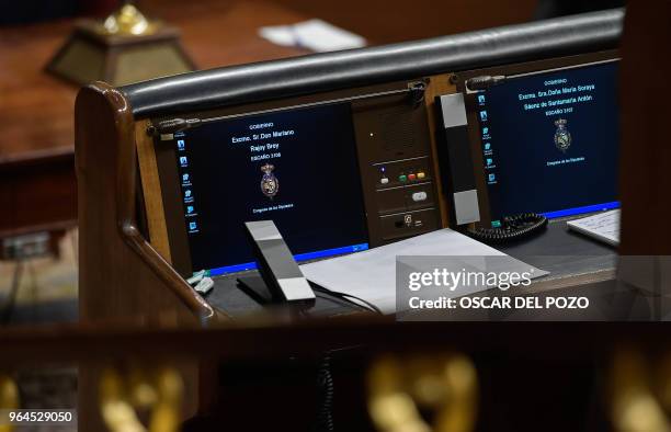The empty seat of Spanish Prime Minister Mariano Rajoy is pictured during a no-confidence motion tabled by Spanish Socialist party at the Lower House...