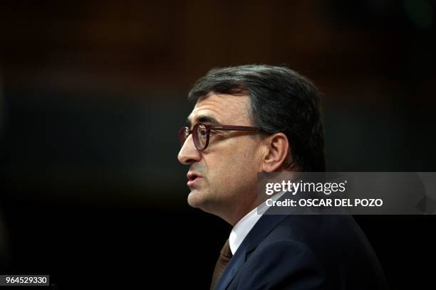 Basque Nationalist Party parliamentary spokesman, Aitor Esteban gives a speech on a no-confidence motion tabled by Spanish Socialist party at the...