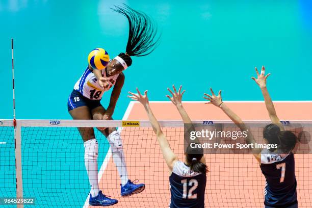 Paola Ogechi Egonu of Italy attacks during the FIVB Volleyball Nations League Hong Kong match between China and Italy on May 31, 2018 in Hong Kong,...