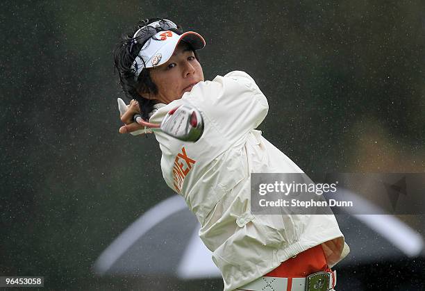 Ryo Ishikawa of Japan hits his tee shot on the second hole during the second round of the Northern Trust Open at Riviera Country Club on February 5,...