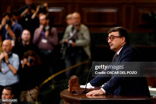 Basque Nationalist Party parliamentary spokesman, Aitor Esteban gives a speech on a no-confidence motion tabled by Spanish Socialist party at the...