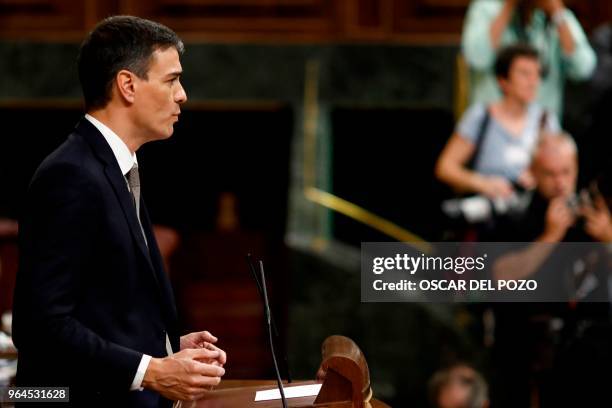 Spanish Socialist Party PSOE candidate for president Pedro Sanchez attends a debate on a no-confidence motion tabled by his party at the Lower House...