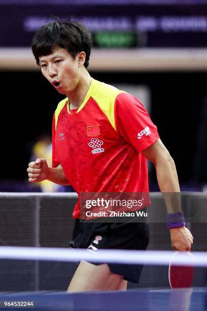 Lin Gaoyuan of China in action at the men's doubles match compete with Lam Siu Hang and Ng Pak Nam of Hong Kong China during the 2018 ITTF World Tour...