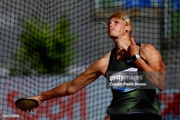 Nadine Muller of Germany competes in the women's discus throw during the IAAF Golden Gala Pietro Mennea at Olimpico Stadium on May 31, 2018 in Rome,...