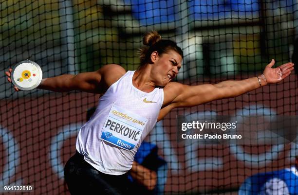 Sandra Perkovic of Croatia competes in the women's discus throw during the IAAF Golden Gala Pietro Mennea at Olimpico Stadium on May 31, 2018 in...