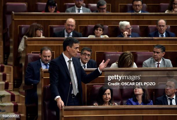 Spanish Socialist Party PSOE candidate for president Pedro Sanchez gives a speech during a debate on a no-confidence motion tabled by his party at...