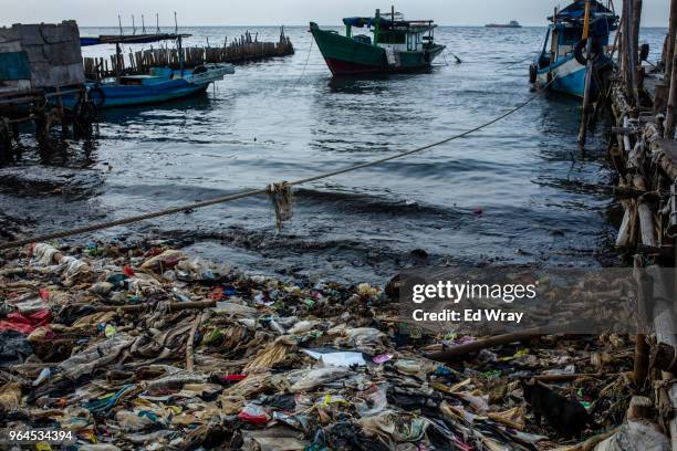 Plastic trash left behind by the tide mars the beach of a fishing village on the northern coast on May 31, 2018 in Jakarta, Indonesia. Indonesia has...