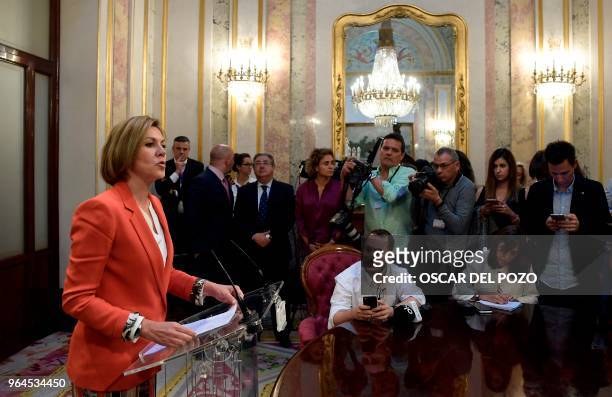 Spanish Minister of Defence Maria Doroles de Cospedal gives a press conference during a debate on a no-confidence motion at the Lower House of the...