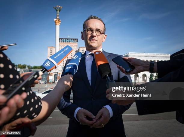 German Minister of Foreign Affairs Heiko Maas talks to the press at Maidan in Kiev on May 31, 2018. German Federal Foreign Minister Heiko Maas is on...