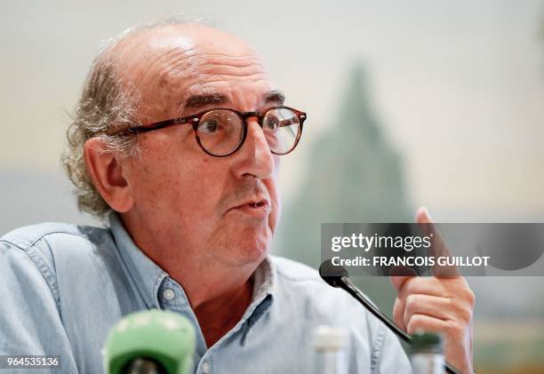 Spain's Barcelona-based production company Mediapro founder and president Jaume Roures speaks during a press conference on May 31, 2018 in Paris, two...