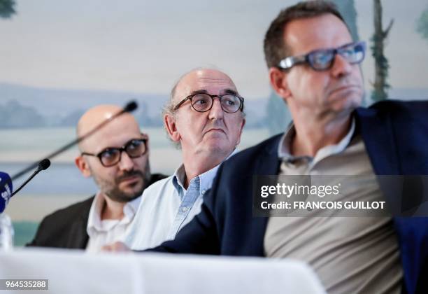 Spain's Barcelona-based production company Mediapro founder and president Jaume Roures and Mediapro France General Director Jeremie Roudaire attend a...