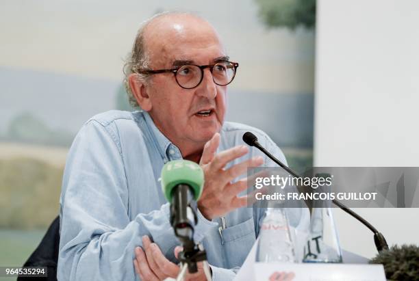 Spain's Barcelona-based production company Mediapro founder and president Jaume Roures speaks during a press conference on May 31, 2018 in Paris, two...