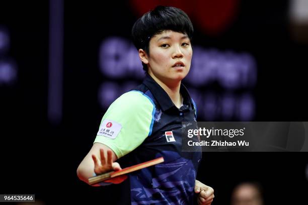 Doo Hoi Kem of Hong Kong China in action at the women's singles match compete with Kato Miyu of Japan during the 2018 ITTF World Tour China Open on...