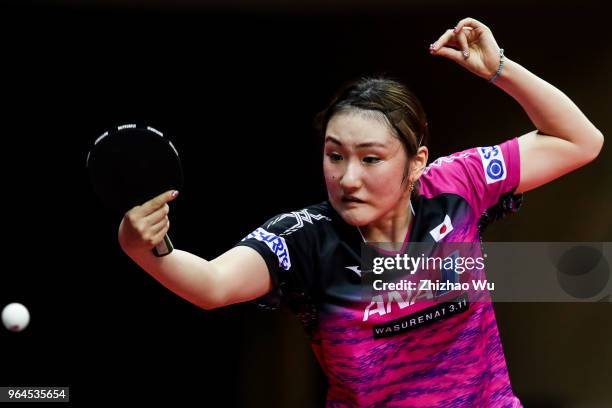 Kato Miyu of Japan in action at the women's singles match compete with Doo Hoi Kem of Hong Kong China during the 2018 ITTF World Tour China Open on...