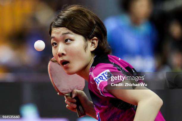 Ando Minami of Japan in action at the women's singles match compete with Zhu Yuling of China during the 2018 ITTF World Tour China Open on May 31,...
