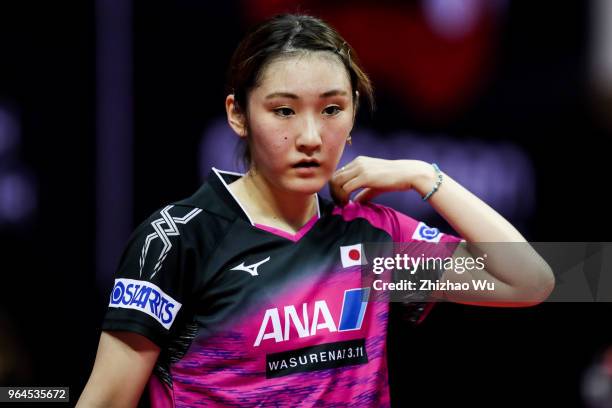 Kato Miyu of Japan in action at the women's singles match compete with Doo Hoi Kem of Hong Kong China during the 2018 ITTF World Tour China Open on...