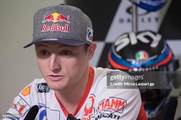 Jack Miller of Australia and Pramac Racing speaks during the press conference pre-event during the MotoGp of Italy - Previews at Mugello Circuit on...