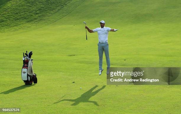 Alvaro Quiros of Spain jumps on the 18th hole as he assesses his shot during day one of the Italian Open at Gardagolf CC on May 31, 2018 in Brescia,...