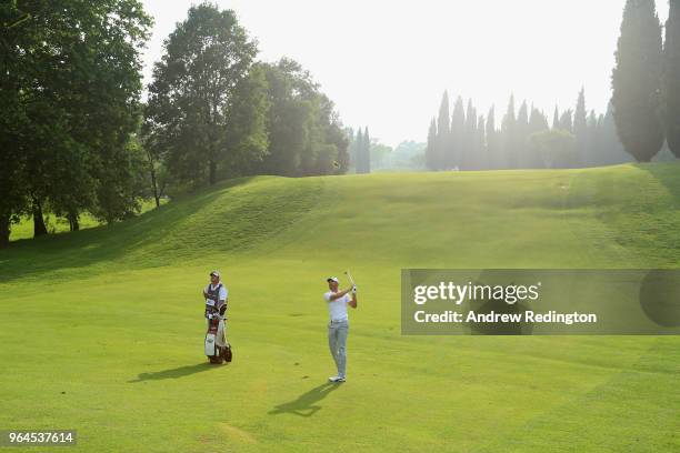 Alvaro Quiros of Spain plays his second shot on the 18th hole during day one of the Italian Open at Gardagolf CC on May 31, 2018 in Brescia, Italy.