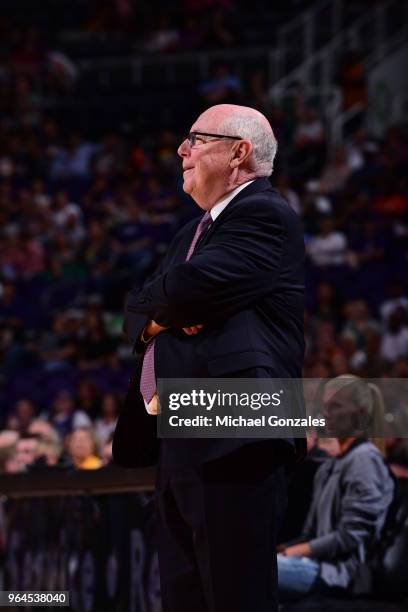 Head Coach Mike Thibault of the Washington Mystics looks on against the Phoenix Mercury on May 30, 2018 at Talking Stick Resort Arena in Phoenix,...