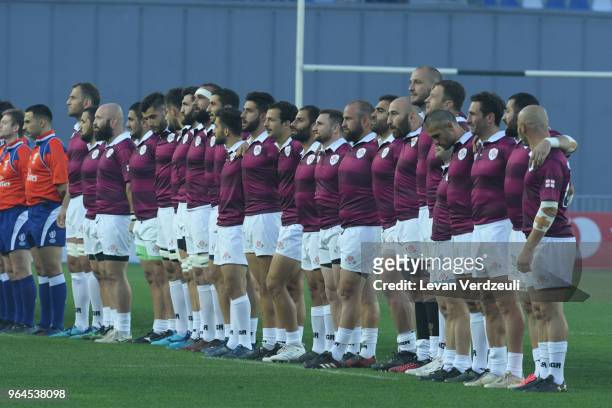 Genrgian national team stands for anthems during the international rugby match between Georgia and French Barbarians at Dinamo Arena on May 31, 2018...