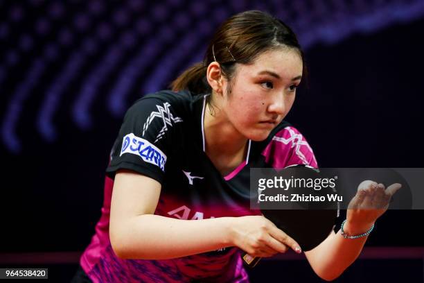 Kato Miyu of Japan in action at the women's singles match compete with Doo Hoi Kem of Hong Kong China during the 2018 ITTF World Tour China Open on...