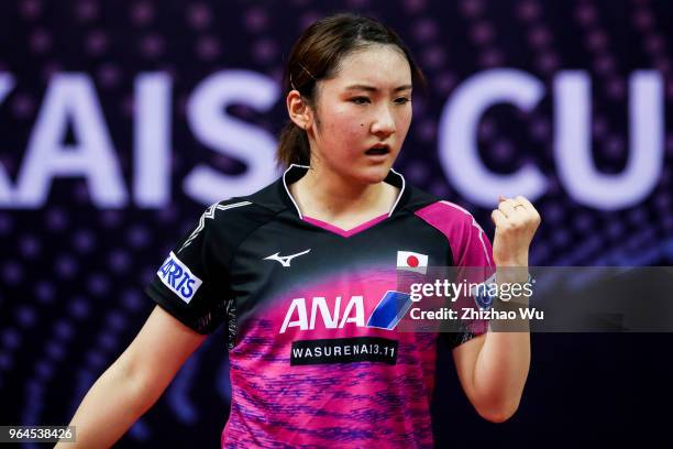 Kato Miyu of Japan in action at the women's singles match compete with Doo Hoi Kem of Hong Kong China during the 2018 ITTF World Tour China Open on...