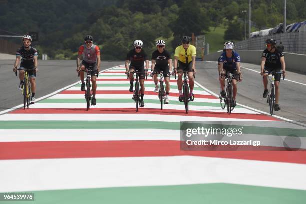 The MotoGP riders ride the bicyclette on track during the pre-event "Giro di Scarperia " during the MotoGp of Italy - Previews at Mugello Circuit on...