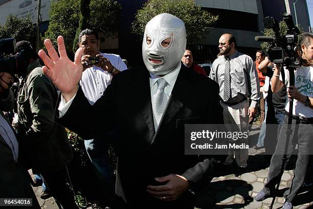 Mexican fighter Hijo del Santo attends the celebrations for the 26th death anniversary of his father El Santo in the Morelos neighborhood on February...