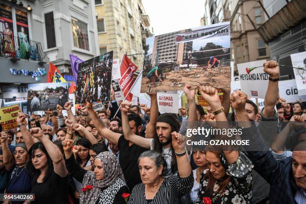 People demonstrate on May 31, 2018 in Istanbul, to mark the fifth anniversary of the start of the Gezi Park protests. - The Gezi Park protests which...