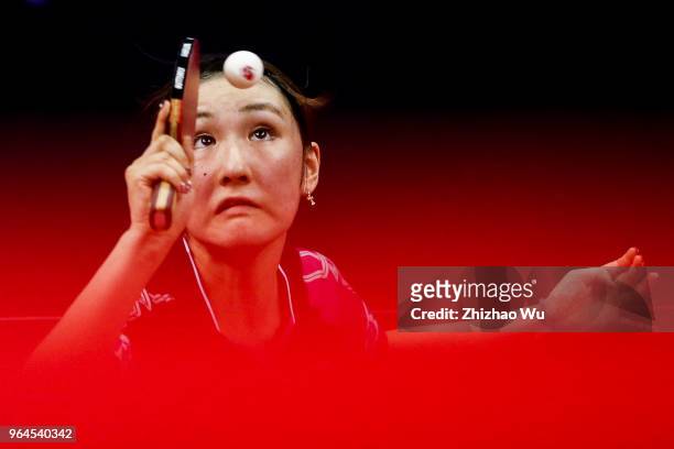 Kato Miyu of Japan in action at the women's singles match compete with Doo Hoi Kem of Hong Kong China during the 2018 ITTF World Tour China Open on...