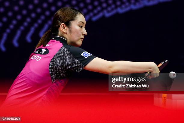 Kato Miyu of Japan in action at the women's singles match compete with Doo Hoi Kem of Hong Kong China during the 2018 ITTF World Tour China Open on...