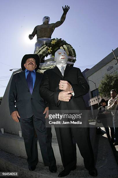 Mexican fighter Hijo del Santo attends the celebrations for the 26th death anniversary of his father El Santo in the Morelos neighborhood on February...